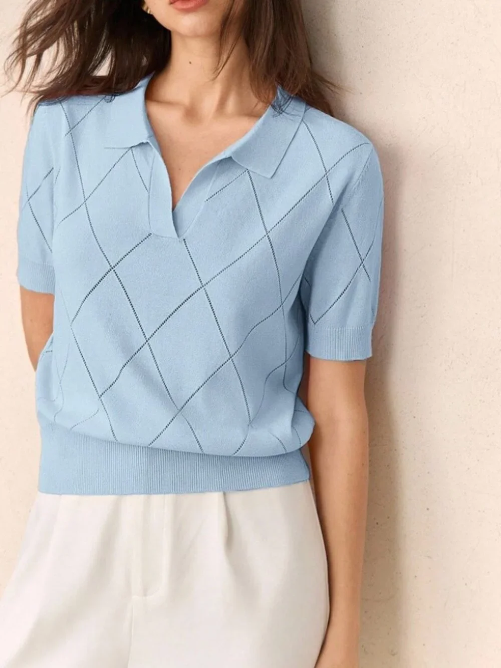 Sky Blue Knit Polo Sweater with Argyle Pointelle Detail